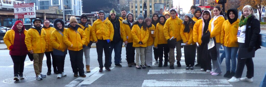 The Staging and Integration Team from the 2023 Chicago Thanksgiving Parade, standing in the staging zone of the parade.