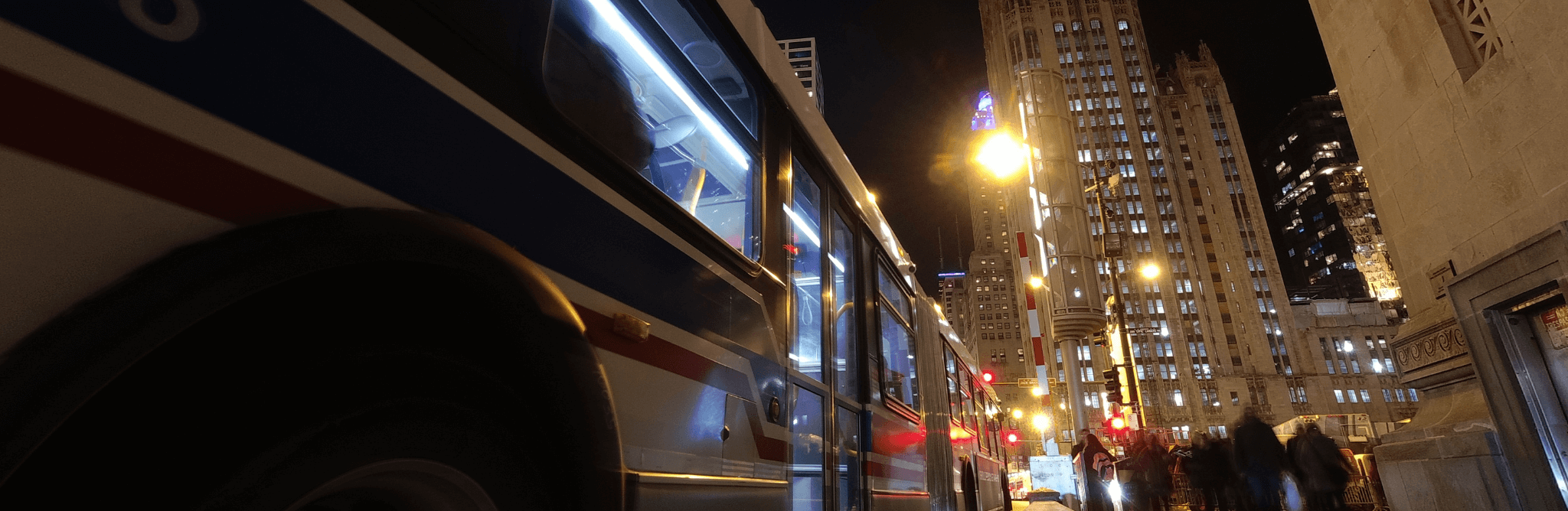 A bus driving towards Chicago