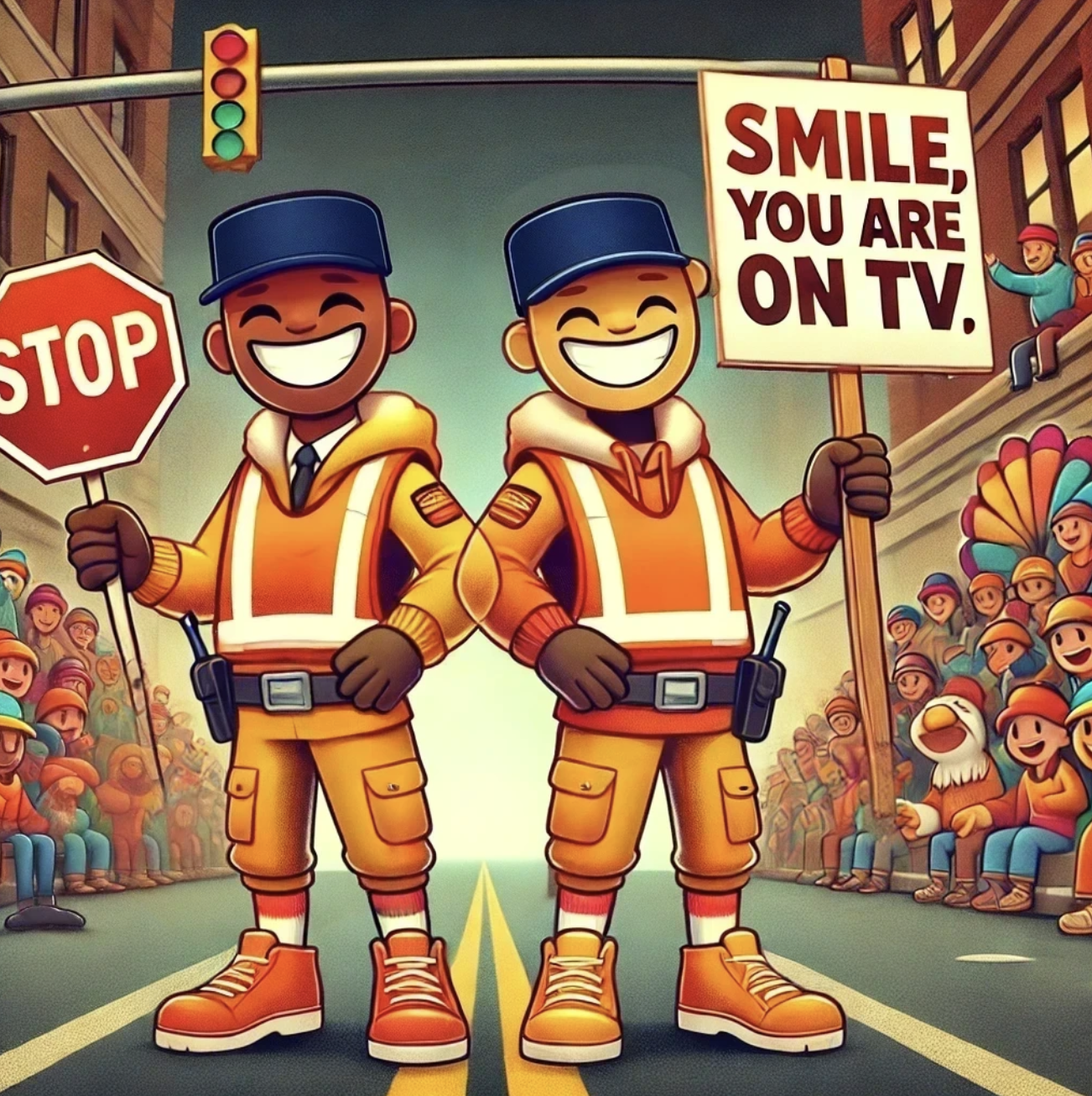 square-marshal Cartoon: Two volunteers standing at the Chicago Thanksgiving Parade. One is holding a stop sign, while the other is holding a sign that says