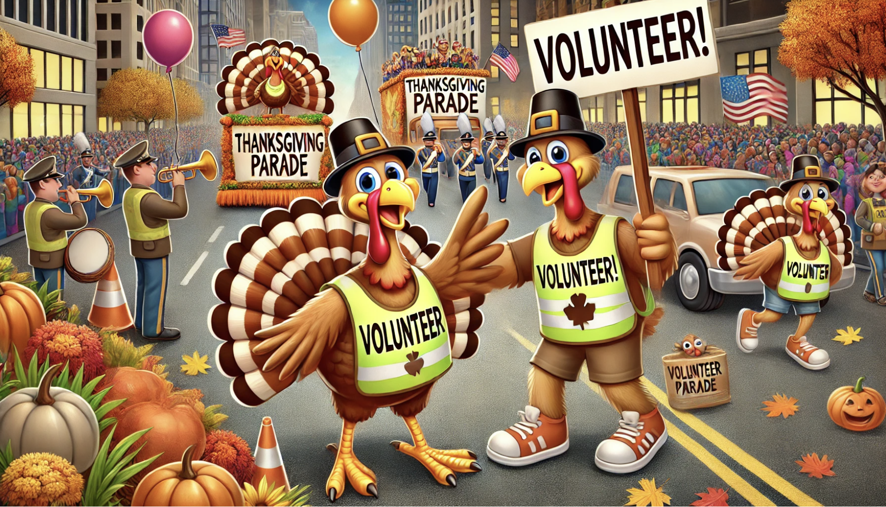 Cartoon: Two turkeys (wearing volunteer vests and one holding a volunteer sign") smiling in the middle of the Chicago Thanksgiving Parade.